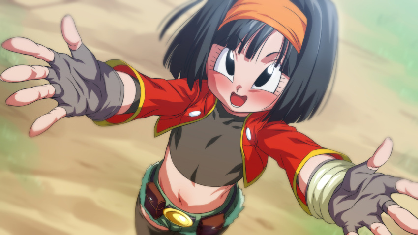 1girl :d bangs belt black_eyes black_hair dragon_ball dragon_ball_heroes fingerless_gloves from_above gloves hairband looking_up open_mouth orange_hairband outstretched_arms pan_(dragon_ball) pan_(xeno)_(dragon_ball) rom_(20) smile solo