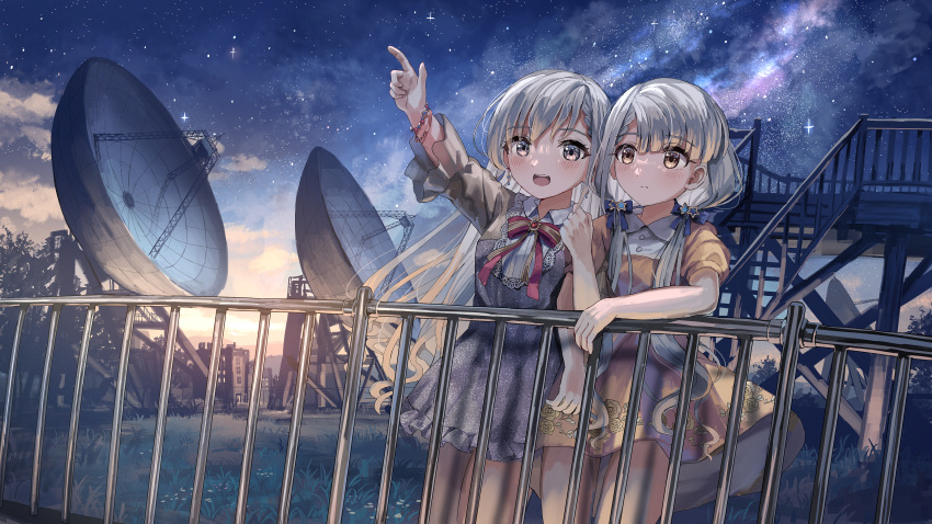 2girls :d absurdres alternate_eye_color bangs blue_ribbon blush bow bowtie bracelet braid brown_eyes closed_eyes clouds commentary curled_fingers dress dusk earth_(planet) expressionless eyebrows_visible_through_hair grass hair_ribbon hand_on_railing highres hisakawa_hayate hisakawa_nagi huge_filesize idolmaster idolmaster_cinderella_girls idolmaster_cinderella_girls_starlight_stage jewelry locked_arms long_hair milky_way multiple_girls nemu_kotatsu night night_sky observation_deck observatory open_mouth outdoors pink_dress planet pointing purple_dress radio_antenna railing red_neckwear ribbon short_sleeves siblings side-by-side side_braid silver_hair sisters sky smile stairs standing star_(sky) star_(symbol) starry_sky twins very_long_hair wavy_hair