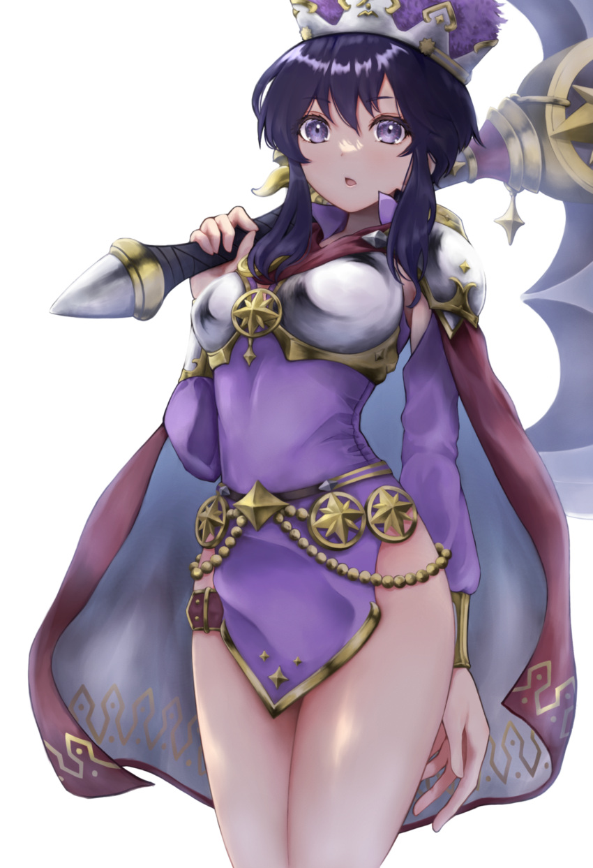 1girl absurdres armor axe bangs battle_axe belt black_hair breastplate cape dress eyebrows_visible_through_hair fire_emblem fire_emblem:_genealogy_of_the_holy_war fire_emblem_heroes hat highres holding holding_axe holding_weapon howaito_gyuunyuu larcei_(fire_emblem) long_sleeves looking_at_viewer official_alternate_costume open_mouth over_shoulder purple_dress short_dress short_hair shoulder_armor sidelocks solo thigh_strap thighs violet_eyes weapon white_background