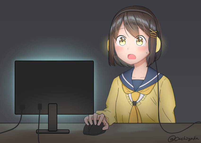 1girl absurdres artist_name blush bob_cut brown_hair cardigan cashiyaka commentary grey_background hair_ornament hairclip headphones highres monitor mouse_(computer) open_mouth original school_uniform serafuku short_hair solo sweatdrop upper_body wide-eyed yellow_eyes