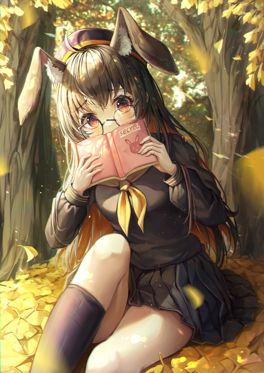 1girl absurdres ahoge animal_ear_fluff animal_ears autumn bangs beret black_hair black_legwear black_shirt black_skirt blush book breasts colored_inner_hair commentary_request covering_mouth day eyebrows_visible_through_hair feet_out_of_frame forest glasses hands_up hat highres holding holding_book knee_up kneehighs leaf light_particles long_hair long_sleeves looking_at_viewer miniskirt mirage_(rairudiseu) multicolored_hair nature neckerchief open_book orange_eyes original outdoors pleated_skirt puffy_long_sleeves puffy_sleeves rabbit_ears red_eyes school_uniform serafuku shirt sitting skirt solo tree very_long_hair yellow_neckwear