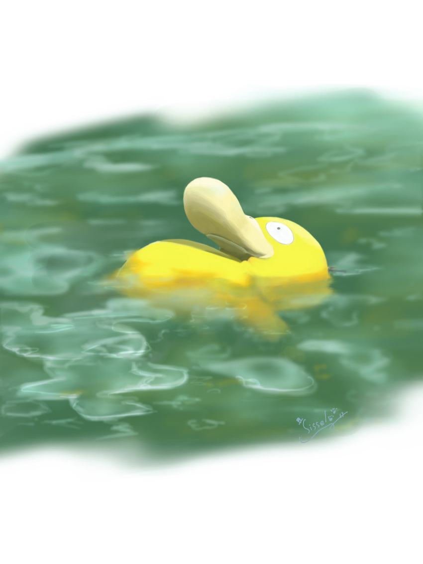 absurdres afloat animal_focus artist_name black_eyes closed_mouth commentary_request from_side green_background highres lying no_humans on_back partially_submerged pokemon pokemon_(creature) psyduck signature sissel0104 solo water