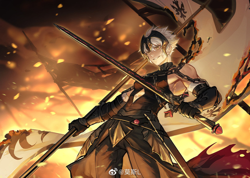 1boy armor bangs black_armor black_gloves black_pants chain collar evil_smile fate/grand_order fate_(series) flag fur-trimmed_gloves fur_trim genderswap genderswap_(ftm) gloves holding holding_flag holding_sword holding_weapon jeanne_d'arc_(alter)_(fate) jeanne_d'arc_(fate) male_focus metal_collar mosi_l outdoors pants short_hair smile solo sword weapon white_hair yellow_eyes