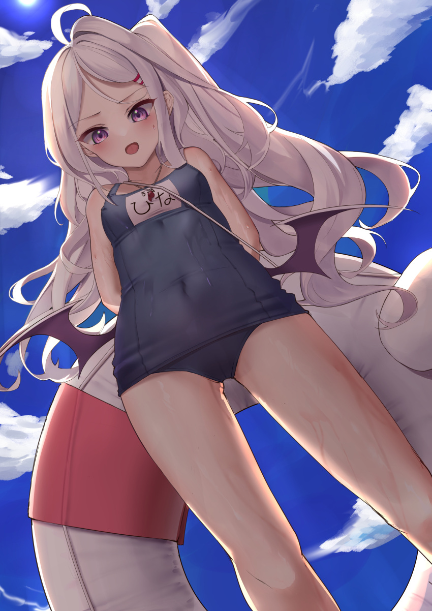 1girl :o absurdres ahoge akashiro_yulice blue_archive blush breasts clouds cloudy_sky eyebrows_visible_through_hair highres hina_(blue_archive) innertube long_hair looking_at_viewer name_tag one-piece_swimsuit open_mouth outdoors pink_eyes school_swimsuit sky small_breasts solo standing swimsuit thighs wet wet_clothes wet_swimsuit whistle whistle_around_neck white_hair wings