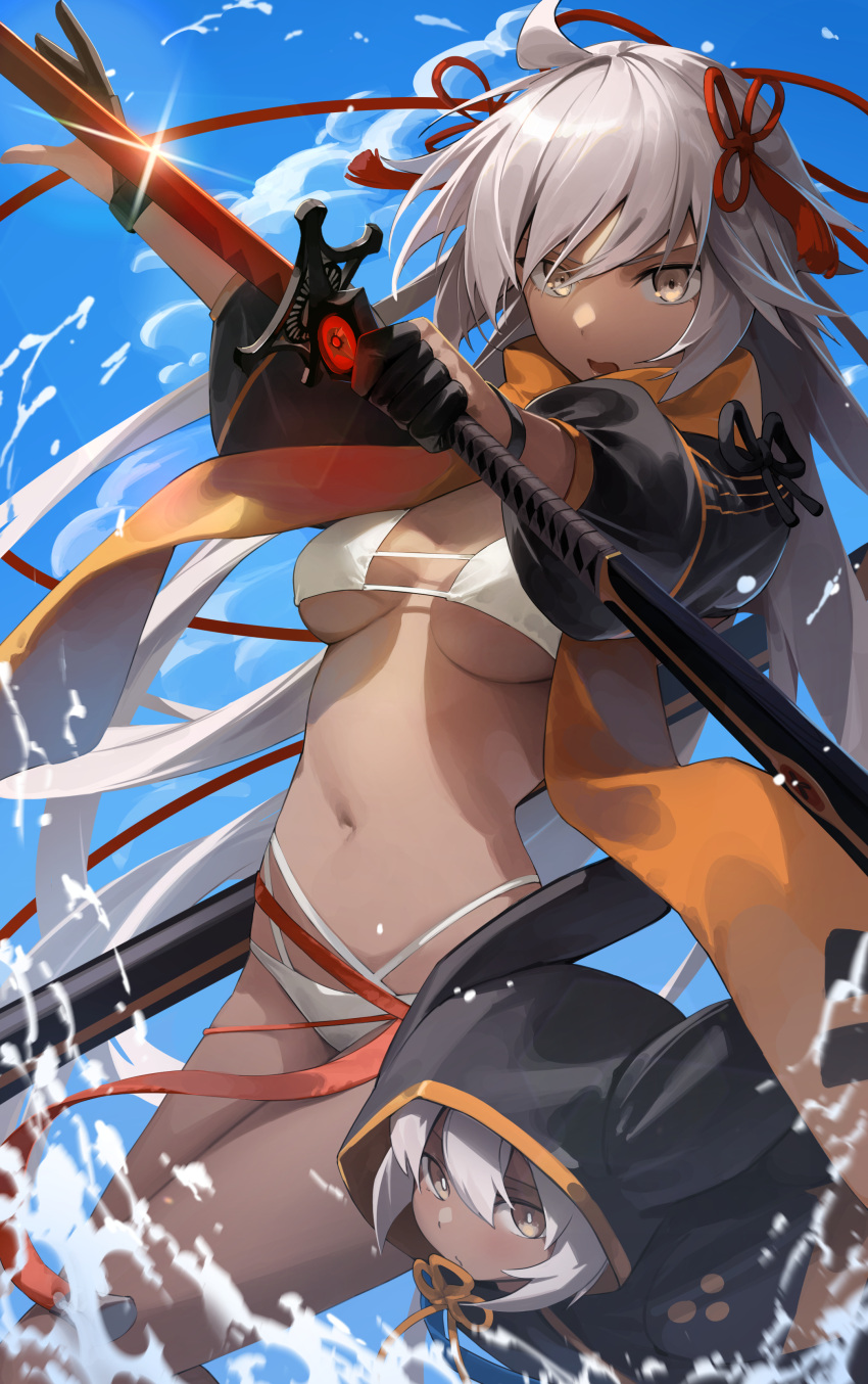 2girls absurdres ahoge bangs bikini black_jacket blue_sky breasts cropped_jacket dark-skinned_female dark_skin fate/grand_order fate_(series) grey_eyes highres hood hooded_jacket jacket katana long_hair long_sleeves looking_at_viewer medium_breasts multiple_girls navel okita_souji_(alter_swimsuit_saber)_(fate) okita_souji_(fate) open_mouth orange_scarf rengoku_(fate) revision scarf shrug_(clothing) sky star741 swimsuit sword tassel thighs very_long_hair water weapon white_bikini white_hair