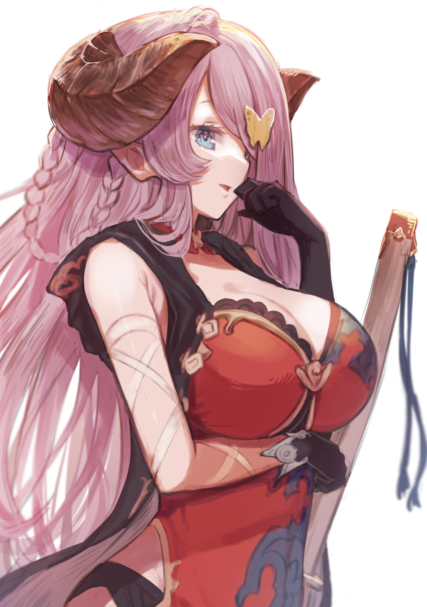 1girl absurdres arm_under_breasts asymmetrical_gloves black_gloves blue_eyes braid breasts demon_horns draph dress elbow_gloves gloves granblue_fantasy hair_ornament hair_over_one_eye highres horns katana kutar22 large_breasts light_purple_hair long_hair low_tied_hair narmaya_(granblue_fantasy) official_alternate_costume pointy_ears purple_hair red_dress single_braid sleeveless solo sword uneven_gloves weapon white_background