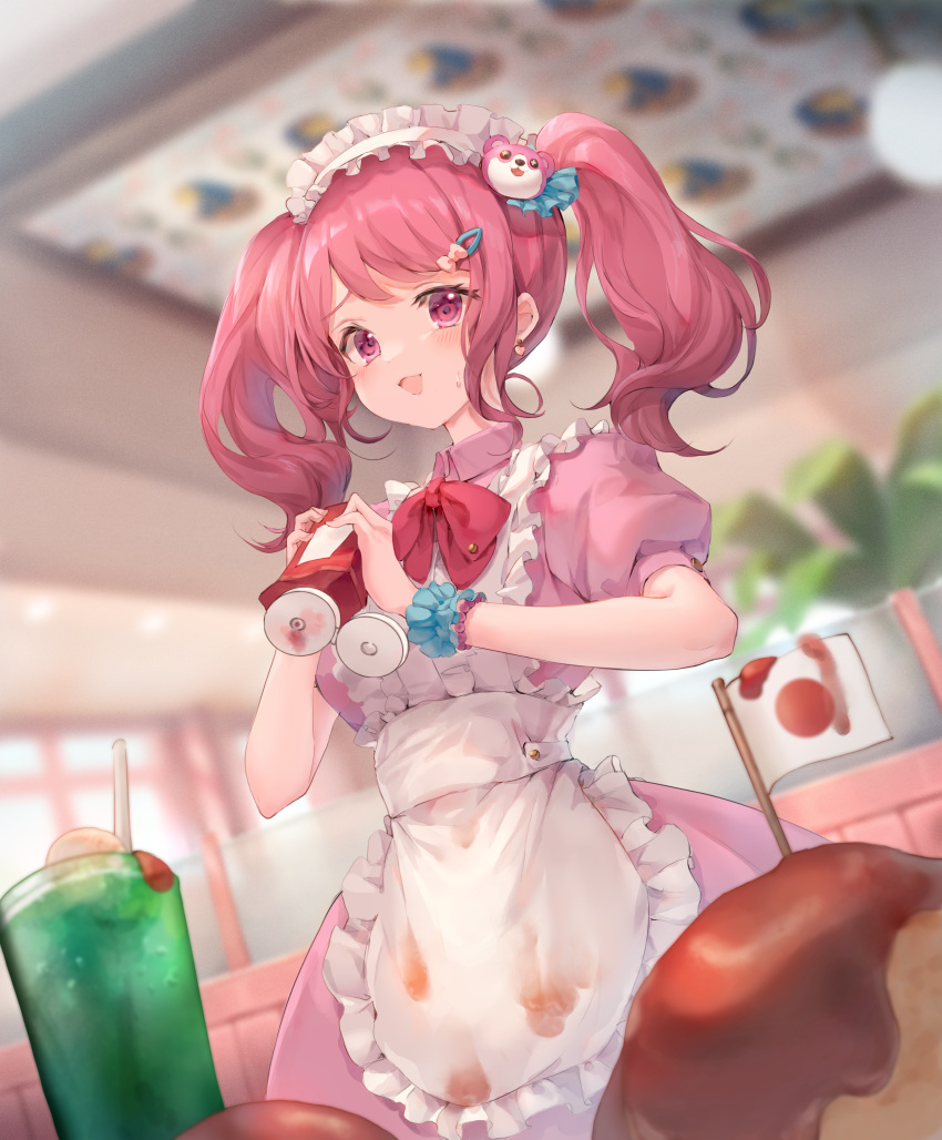 1girl :d absurdres apron bang_dream! bangs bead_bracelet beads bear_hair_ornament blurry blurry_background blush bottle bow bowtie bracelet ceiling collared_dress commentary_request cowboy_shot cup day disposable_cup dress drink drinking_straw dutch_angle earrings flag food food_on_clothes frilled_apron frills hair_bow hair_ornament hairclip hands_up heart heart_earrings highres holding holding_bottle huge_filesize indoors japanese_flag jewelry ketchup ketchup_bottle looking_at_viewer maid_headdress maruyama_aya medium_hair nervous_smile nogi_momoko omurice open_mouth pink_bow pink_dress pink_eyes pink_hair plant puffy_short_sleeves puffy_sleeves red_bow red_neckwear restaurant short_sleeves sidelocks smile solo squeeze_bottle stain stained_clothes standing sweatdrop twintails waitress white_apron window wrist_cuffs