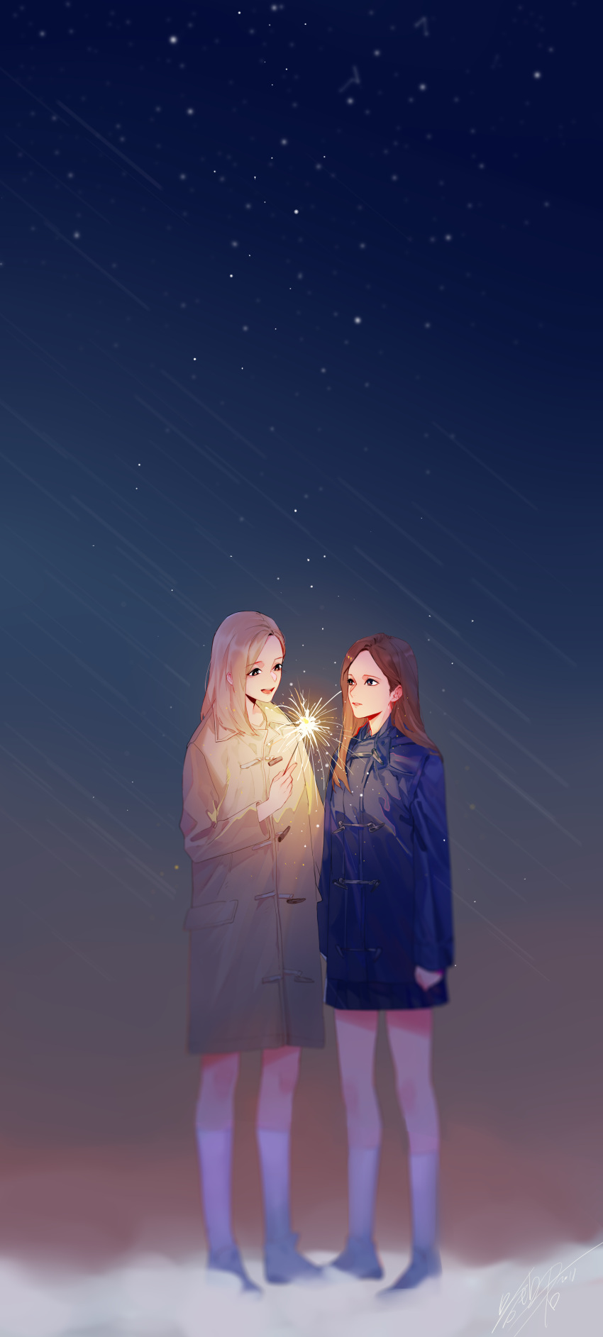 2girls a979717082 absurdres blonde_hair blue_jacket bona_(wjsn) brown_eyes brown_hair brown_jacket clenched_hand eyebrows_visible_through_hair fireworks hair_behind_ear highres holding_sparkler jacket k-pop multiple_girls night night_sky parted_lips real_life shooting_star sky smile sparkler star_(sky) wjsn wu_xuanyi