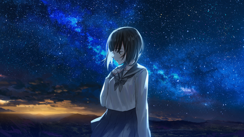 1girl absurdres akky_(akimi1127) black_bow black_eyes black_hair black_sailor_collar black_skirt bow closed_mouth clouds commentary_request hand_up highres huge_filesize long_sleeves looking_away mountain night night_sky original outdoors pleated_skirt sailor_collar school_uniform serafuku shirt skirt sky sleeves_past_wrists solo star_(sky) starry_sky white_shirt