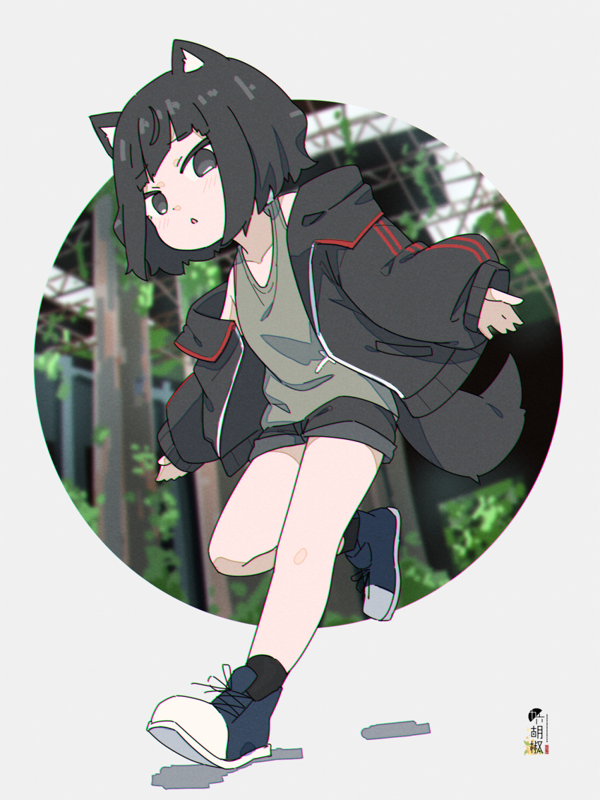 1girl animal_ear_fluff animal_ears bangs black_hair black_jacket black_legwear black_shorts blue_footwear borrowed_character brown_tank_top collarbone commentary_request eyebrows_visible_through_hair full_body grey_eyes highres hood hood_down hooded_jacket jacket kuro_kosyou long_sleeves looking_at_viewer open_clothes open_jacket original parted_lips puffy_long_sleeves puffy_sleeves running shoes short_shorts shorts sleeves_past_wrists socks solo tail tank_top