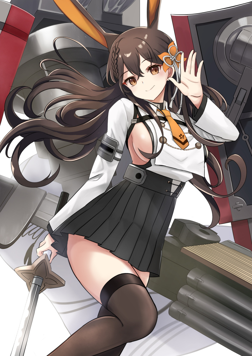 1girl animal_ears azur_lane bangs black_hair black_legwear black_skirt braid breasts brown_eyes chikuma_(azur_lane) commentary eyebrows_visible_through_hair eyes_visible_through_hair hair_between_eyes hair_ornament highres holding holding_sword holding_weapon katana long_hair looking_at_viewer machinery manjirou_(manji_illust) necktie pleated_skirt rabbit_ears sideboob sidelocks simple_background single_braid skirt smile solo sword thigh-highs torpedo_tubes turret waving weapon white_background zettai_ryouiki