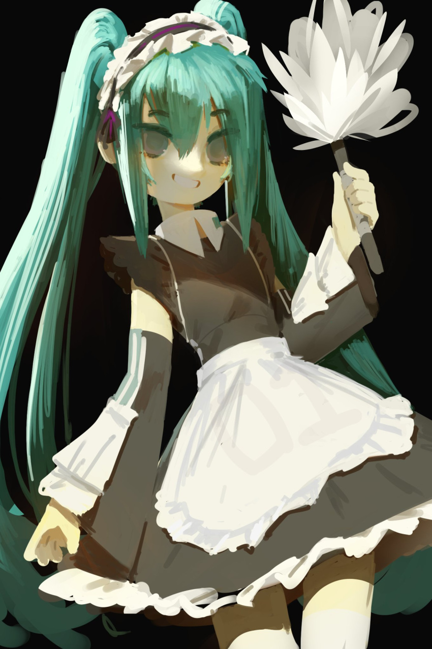 1girl aqua_hair bangs black_background black_dress collared_dress commentary cowboy_shot detached_sleeves dress dutch_angle english_commentary eyebrows_visible_through_hair flat_chest frilled_dress frills grey_eyes grin hair_between_eyes hand_up hatsune_miku highres holding long_hair looking_at_viewer maid maid_headdress open_mouth short_dress short_eyebrows sidelocks simple_background smile solo topdylan twintails very_long_hair vocaloid