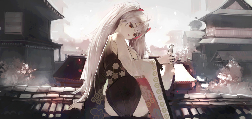 1girl :o absurdres ah_(pixiv62888100) architecture ass azur_lane back bottle brown_eyes cherry_blossoms east_asian_architecture eyebrows_visible_through_hair hair_ornament hairclip highres holding holding_bottle huge_filesize japan japanese_clothes long_hair looking_back open_mouth prinz_eugen_(azur_lane) prinz_eugen_(dance_of_a_hundred_flowers)_(azur_lane) scenery silver_hair sitting solo twintails white_hair