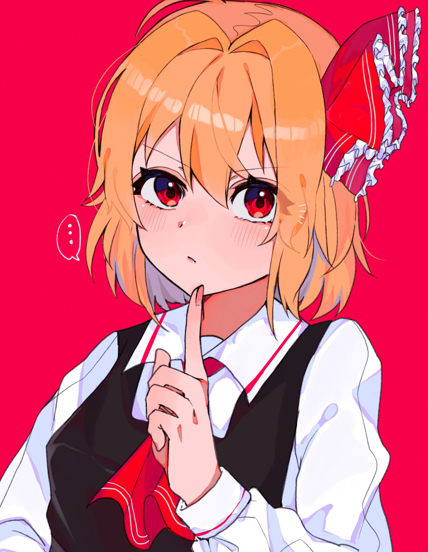 ... 1girl :/ absurdres ahoge ascot bangs black_vest blonde_hair blush breasts closed_mouth eyebrows_visible_through_hair eyes_visible_through_hair finger_to_own_chin fingernails frilled_ribbon frills hair_between_eyes hair_intakes hair_ribbon highres index_finger_raised long_sleeves looking_at_viewer medium_breasts nezwjp notice_lines pink_background red_eyes red_neckwear red_ribbon ribbon rumia short_hair simple_background solo spoken_ellipsis touhou upper_body v-shaped_eyebrows vest wing_collar