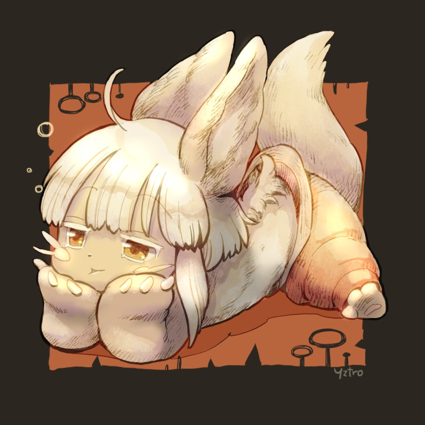 1girl animal_ears animal_feet animal_hands artist_name barefoot body_fur brown_background brown_fur claws closed_mouth furry hands_on_own_cheeks hands_on_own_face lying made_in_abyss nanachi_(made_in_abyss) no_shirt on_stomach orange_background pants pout rabbit_ears short_hair sidelocks tail toro_astro two-tone_background whiskers white_hair yellow_eyes