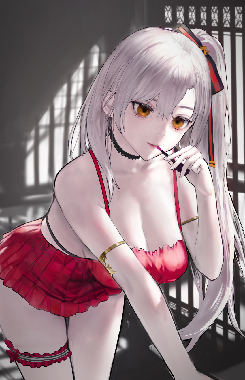 1girl absurdres ah_(pixiv62888100) azur_lane bracer breasts brown_eyes closed_mouth collarbone cosmetics drake_(azur_lane) dress eyebrows_visible_through_hair feet_out_of_frame hair_ribbon highres holding holding_lipstick_tube huge_filesize lips lipstick_tube long_hair looking_at_viewer medium_breasts red_dress ribbon side_ponytail silver_hair solo standing