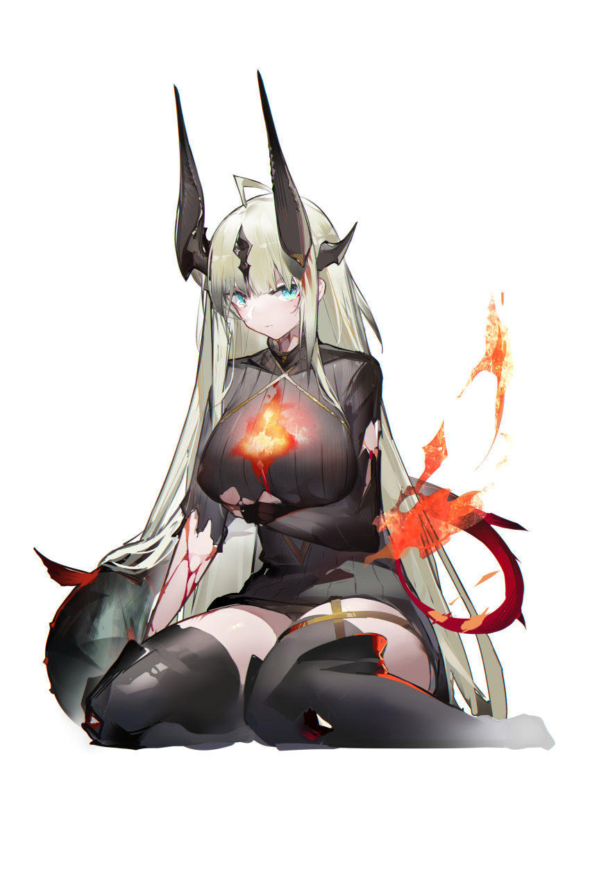 1girl absurdres ahoge arknights arm_under_breasts black_dress black_legwear black_sweater blonde_hair blood blue_eyes breasts chinese_commentary closed_mouth commentary_request dragon_girl dragon_horns dragon_tail dress fire full_body highres horns large_breasts long_hair long_sleeves looking_at_viewer reed_(arknights) simple_background sitting solo sweater sweater_dress tail thigh-highs torn_clothes torn_dress torn_sweater under_boob very_long_hair wariza white_background yushi_quetzalli