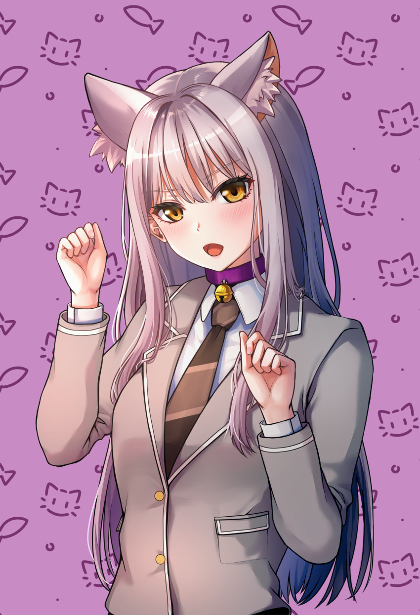 1girl animal_ears animal_print bang_dream! bangs bell blazer blush breasts brown_neckwear cat_ears cat_print collar collared_shirt commentary_request eyebrows_visible_through_hair fish_print gradient_hair grey_hair grey_jacket haneoka_school_uniform head_tilt highres jacket jingle_bell long_hair long_sleeves looking_at_viewer medium_breasts minato_yukina multicolored_hair neck_bell necktie open_mouth orange_eyes paw_pose ptal purple_background purple_collar school_uniform shirt sidelocks solo standing upper_body white_shirt wing_collar