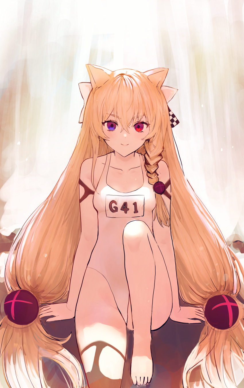 1girl absurdres ah_(pixiv62888100) animal_ears bangs bare_shoulders blonde_hair braid breasts character_name closed_mouth collarbone eyebrows_visible_through_hair g41_(girls'_frontline) girls_frontline hair_between_eyes hair_ornament heterochromia highres huge_filesize long_hair looking_at_viewer red_eyes school_swimsuit sitting small_breasts smile solo swimsuit very_long_hair violet_eyes white_swimsuit