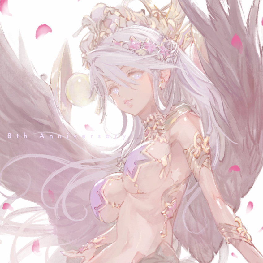 1girl breasts character_request closed_mouth hair_ornament highres jewelry kazama_raita large_breasts long_hair looking_at_viewer pasties puzzle_&amp;_dragons simple_background solo white_background white_eyes white_hair wings