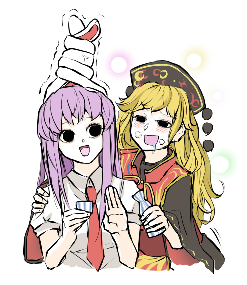 2girls anger_vein arm_up bangs black_eyes blonde_hair blush breath brown_sash chinese_clothes choko_(cup) collared_shirt cup drooling drunk empty_eyes hand_on_another's_shoulder highres junko_(touhou) light_purple_hair long_hair long_sleeves multiple_girls necktie open_mouth peroponesosu. phoenix_crown red_neckwear reisen_udongein_inaba ribbon shirt short_sleeves simple_background tabard tassel touhou twisted_ears white_background white_shirt wide_sleeves yellow_neckwear yellow_ribbon