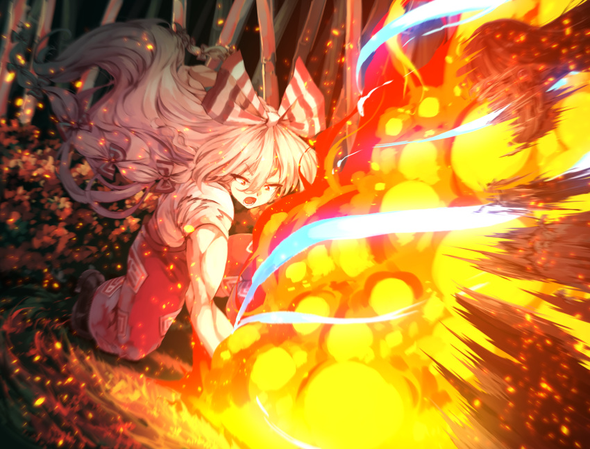 1girl bamboo bamboo_forest bangs bow eyebrows_visible_through_hair fire forest fujiwara_no_mokou hair_between_eyes highres light long_hair looking_to_the_side nature open_mouth pants red_bow red_eyes red_pants shirt short_sleeves solo sunyup touhou white_bow white_hair white_shirt white_sleeves