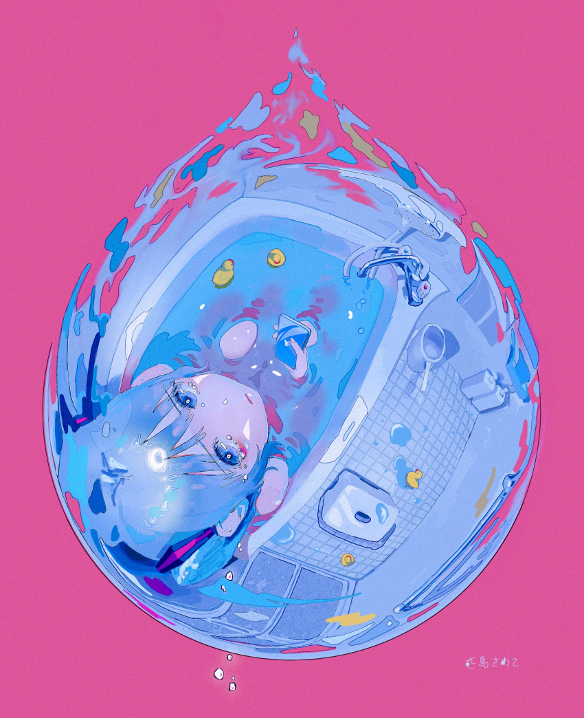 1girl absurdres bangs bathing bathtub blue_eyes blue_hair boots fisheye hatsune_miku highres holding holding_phone indoors looking_at_viewer partially_submerged phone pink_background rubber_boots samekosamemi shadow solo twintails vocaloid water