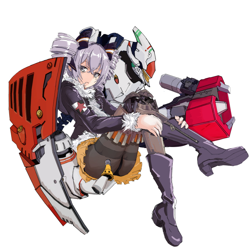 1girl bangs benghuai_xueyuan black_footwear black_jacket boots bronya_zaychik bronya_zaychik_(snowy_sniper) closed_mouth drill_hair full_body fur-trimmed_jacket fur_trim grey_eyes grey_hair hair_between_eyes hair_ribbon highres honkai_(series) honkai_impact_3rd jacket long_sleeves looking_at_viewer project_bunny prosthesis prosthetic_leg ribbon simple_background skirt solo twin_drills uruzu white_background yellow_skirt