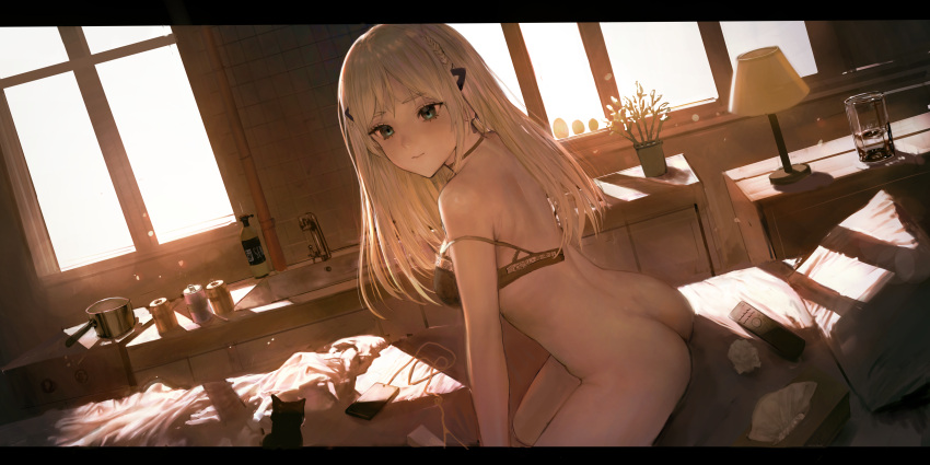 1girl absurdres ah_(pixiv62888100) ass back bangs bed black_bra blonde_hair bra bra_pull braid breasts cat cellphone closed_mouth clothes_pull eyebrows_visible_through_hair girls_frontline green_eyes highres k5_(girls'_frontline) kitchen lamp long_hair looking_at_viewer looking_to_the_side lying medium_breasts no_panties on_side phone sideboob sitting smartphone solo thighs underwear window