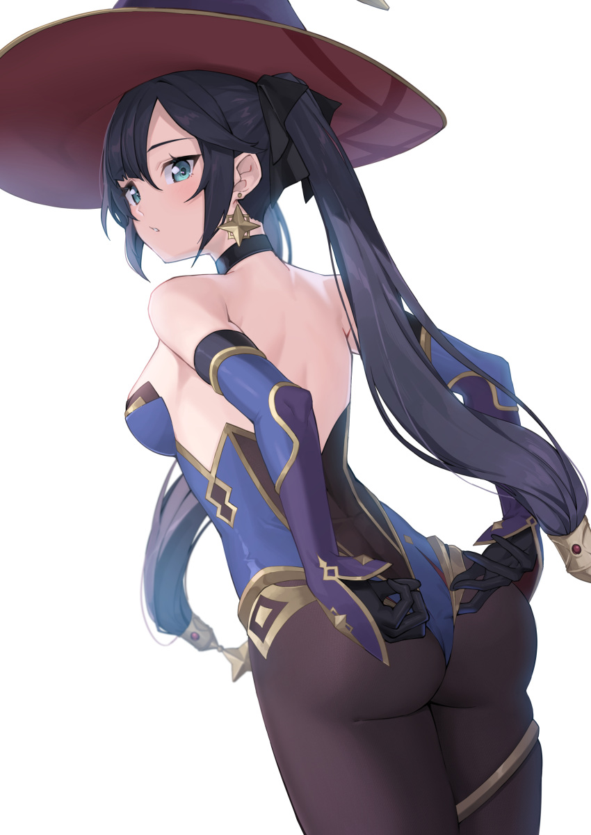 1girl absurdres adjusting_clothes adjusting_leotard aqua_eyes ass bangs black_hair blush breasts commentary_request earrings elbow_gloves eyebrows_visible_through_hair genshin_impact ginopi gloves hat highleg highleg_leotard highres jewelry leotard loincloth long_hair looking_back mona_(genshin_impact) pantyhose parted_lips shiny shiny_hair simple_background solo strapless strapless_leotard thigh_strap twintails white_background witch_hat