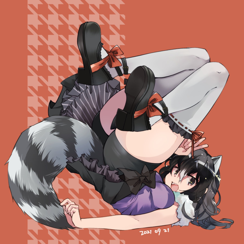 1girl alternate_costume animal_ears bike_shorts_under_skirt black_footwear black_hair black_skirt bow common_raccoon_(kemono_friends) extra_ears eyebrows_visible_through_hair footwear_bow fur_collar grey_hair highres kemono_friends looking_at_viewer mary_janes multicolored_hair nanana_(nanana_iz) open_mouth pleated_skirt purple_shirt raccoon_ears raccoon_girl raccoon_tail red_bow shirt shoes short_hair skirt sleeveless solo tail thigh-highs v white_fur white_hair white_legwear zettai_ryouiki