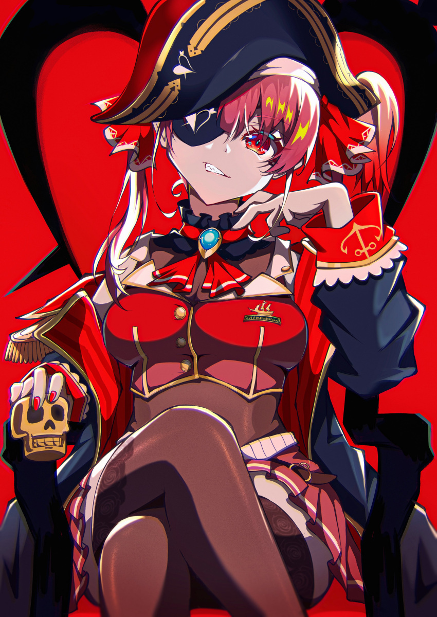 1girl absurdres arrow_through_heart ascot bangs bicorne black_coat black_headwear breasts brown_legwear brown_leotard clenched_teeth coat commentary_request crossed_legs eyebrows_visible_through_hair eyepatch feet_out_of_frame hair_between_eyes hair_ribbon hat highres holding hololive houshou_marine jacket leotard leotard_under_clothes long_hair long_sleeves looking_at_viewer nail_polish off_shoulder open_clothes open_coat pension_z pirate_hat pleated_skirt red_eyes red_jacket red_nails red_neckwear red_ribbon red_skirt red_theme redhead ribbon sitting skirt sleeveless sleeveless_jacket solo teeth thigh-highs twintails virtual_youtuber
