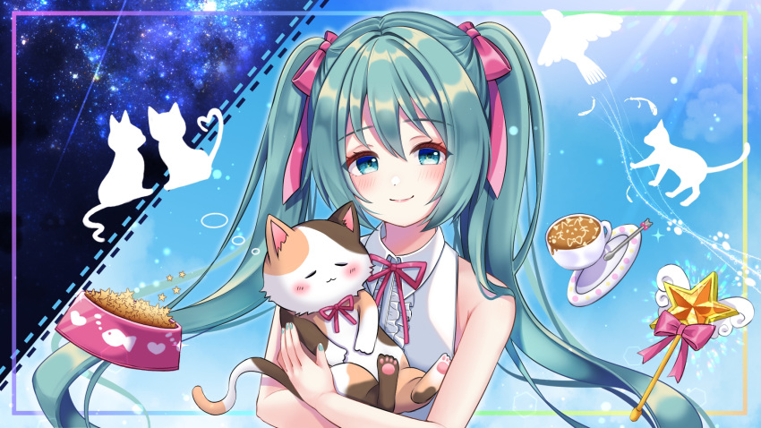 alternate_costume animal aqua_eyes aqua_hair aqua_nails bangs bare_shoulders bowl cat center_frills coffee_cup collared_shirt cup disposable_cup fingernails frills hair_between_eyes hair_ribbon hatsune_miku highres holding holding_animal holding_cat latte_art looking_at_viewer nail_polish neck_ribbon nekko_(nxtuko) pet_bowl pink_ribbon ribbon shirt silhouette sleeveless sleeveless_shirt star_wand twintails upper_body vocaloid