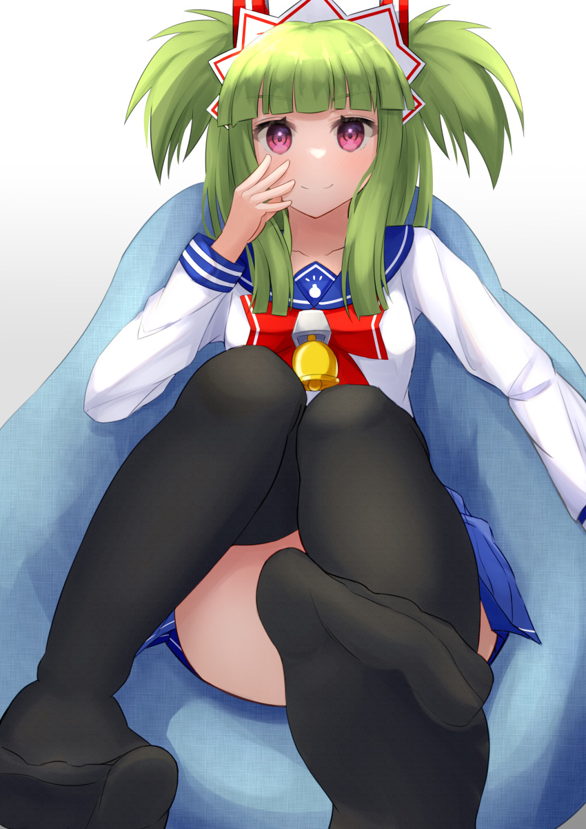 1girl absurdres bangs beatmania beatmania_iidx bell black_legwear blue_skirt blunt_bangs bombergirl bow bowtie closed_mouth feet foreshortening green_hair hama_(daisekken) hand_on_own_cheek hand_on_own_face headgear highres hishimiya_tsugaru long_sleeves looking_at_viewer maid_headdress miniskirt neck_bell no_shoes pleated_skirt red_eyes red_neckwear sailor_collar sailor_shirt school_uniform serafuku shirt sidelocks sitting skirt smile solo thigh-highs two_side_up