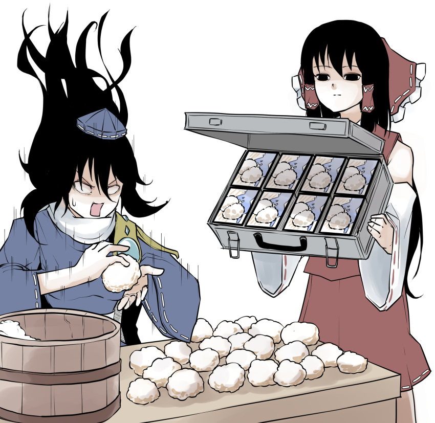 2girls :| armor black_hair bow bucket closed_mouth detached_sleeves empty_eyes food hair_between_eyes hair_bow hair_tubes hakurei_reimu hat highres iizunamaru_megumu long_hair motion_lines multiple_girls no_pupils nontraditional_miko onigiri open_mouth pauldrons peroponesosu. red_skirt red_vest ribbon-trimmed_sleeves ribbon_trim rice shoulder_armor simple_background single_pauldron skirt spell_card suitcase sweatdrop table tokin_hat touhou vest white_background wide_sleeves