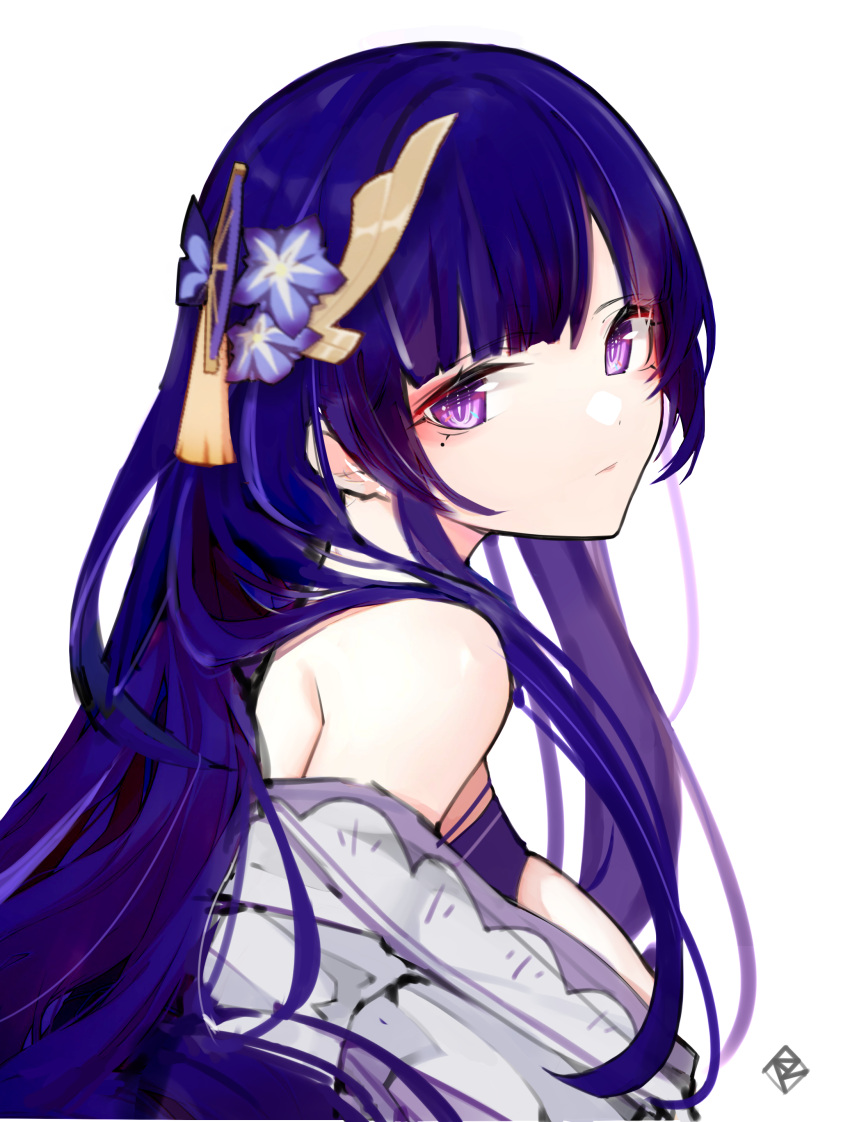 1girl absurdres bangs bare_shoulders blunt_bangs breasts closed_mouth dark_blue_hair error1980 expressionless flower genshin_impact hair_flower hair_ornament hairclip highres long_hair looking_to_the_side mole mole_under_eye multicolored_hair off-shoulder_kimono off_shoulder purple_hair raiden_shogun simple_background solo streaked_hair tassel two-tone_hair upper_body violet_eyes white_background