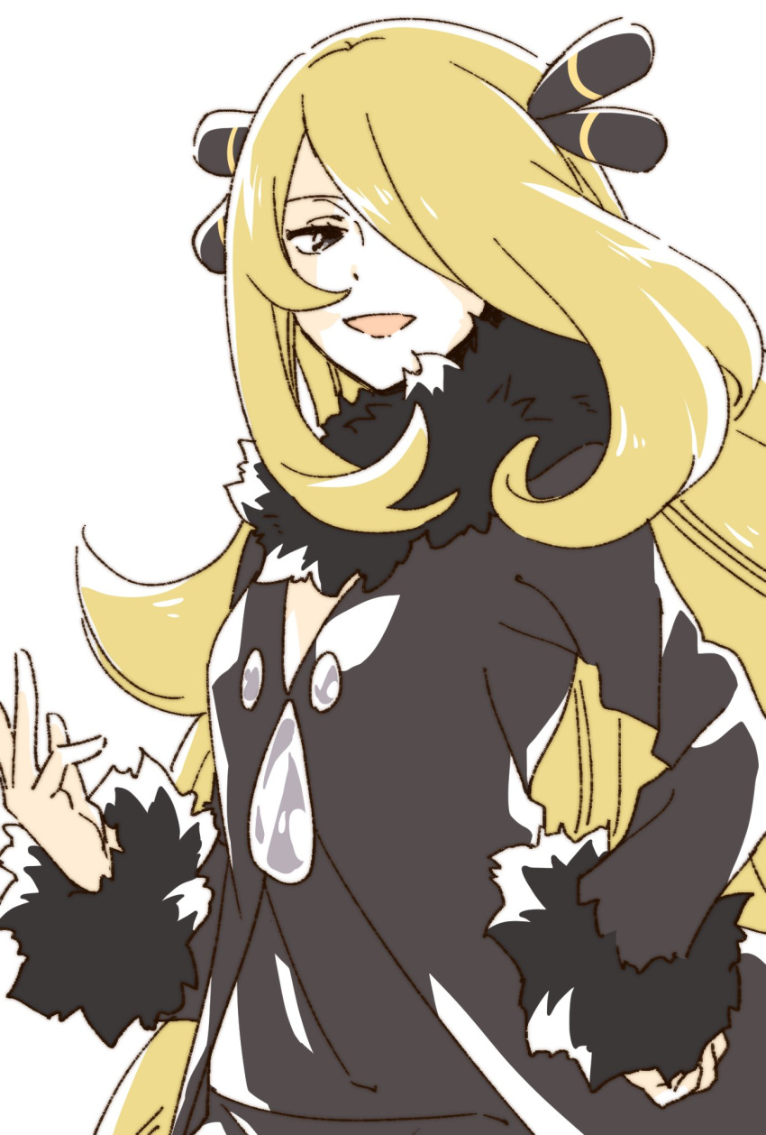 1girl :d blonde_hair breasts cynthia_(pokemon) fur_trim hair_ornament hair_over_one_eye highres jacket long_hair looking_at_viewer namori open_mouth pokemon pokemon_(game) pokemon_dppt simple_background smile solo very_long_hair white_background