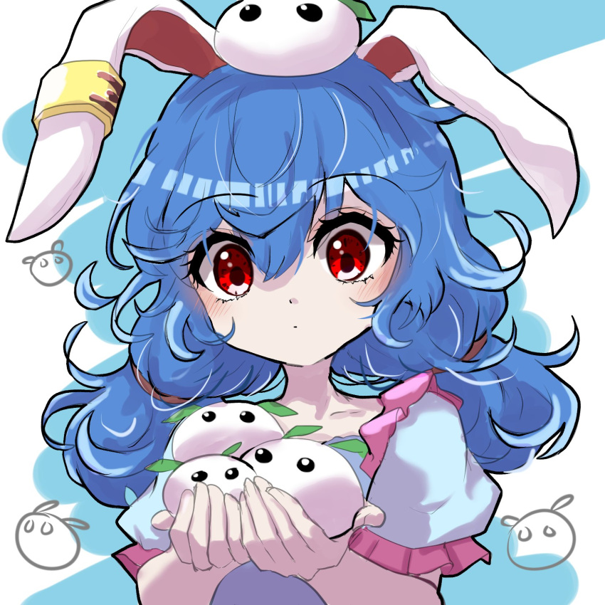 1girl animal_ears blue_dress blue_hair blush closed_mouth collarbone dress ear_clip eyebrows_visible_through_hair hair_between_eyes highres kayon_(touzoku) long_hair mochi puffy_short_sleeves puffy_sleeves rabbit_ears red_eyes seiran_(touhou) short_sleeves solo touhou upper_teeth