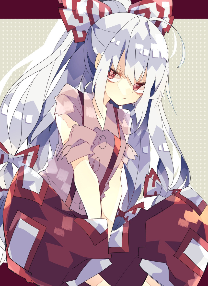1girl ahoge bangs bow closed_mouth commentary_request feet_out_of_frame fujiwara_no_mokou grey_background grey_hair hair_bow highres long_hair looking_at_viewer nikorashi-ka one-hour_drawing_challenge pants pink_shirt polka_dot polka_dot_background ponytail red_bow red_eyes red_pants shirt short_sleeves sitting solo suspenders torn_clothes torn_sleeves touhou white_bow