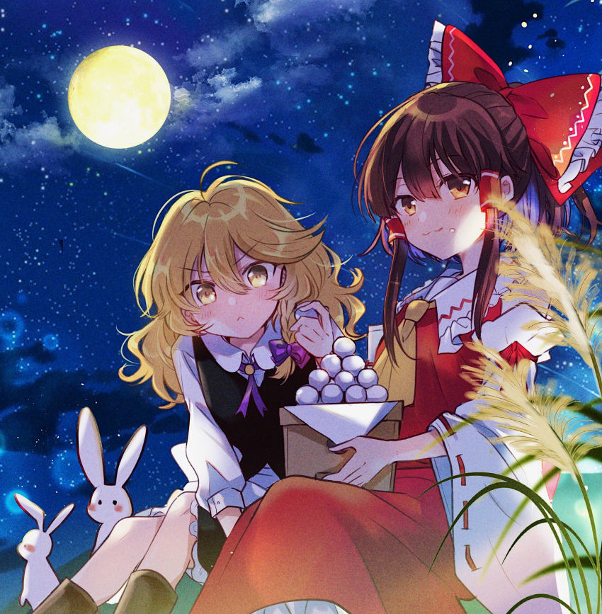 2girls :&lt; ahoge ascot black_skirt black_vest blonde_hair blush boots bow braid brown_eyes brown_footwear brown_hair clouds cloudy_sky detached_sleeves eyebrows_visible_through_hair food food_on_face frilled_shirt_collar frills full_moon hair_between_eyes hair_bow hair_ribbon hair_tubes hakurei_reimu headwear_removed highres kirisame_marisa light_trail long_hair long_sleeves looking_at_viewer mochi moon multiple_girls night night_sky poprication purple_ribbon rabbit red_bow red_skirt red_vest ribbon ribbon-trimmed_sleeves ribbon_trim shirt skirt sky star_(sky) starry_sky symbol-only_commentary touhou vest wheat_grass white_shirt wide_sleeves yellow_eyes yellow_neckwear