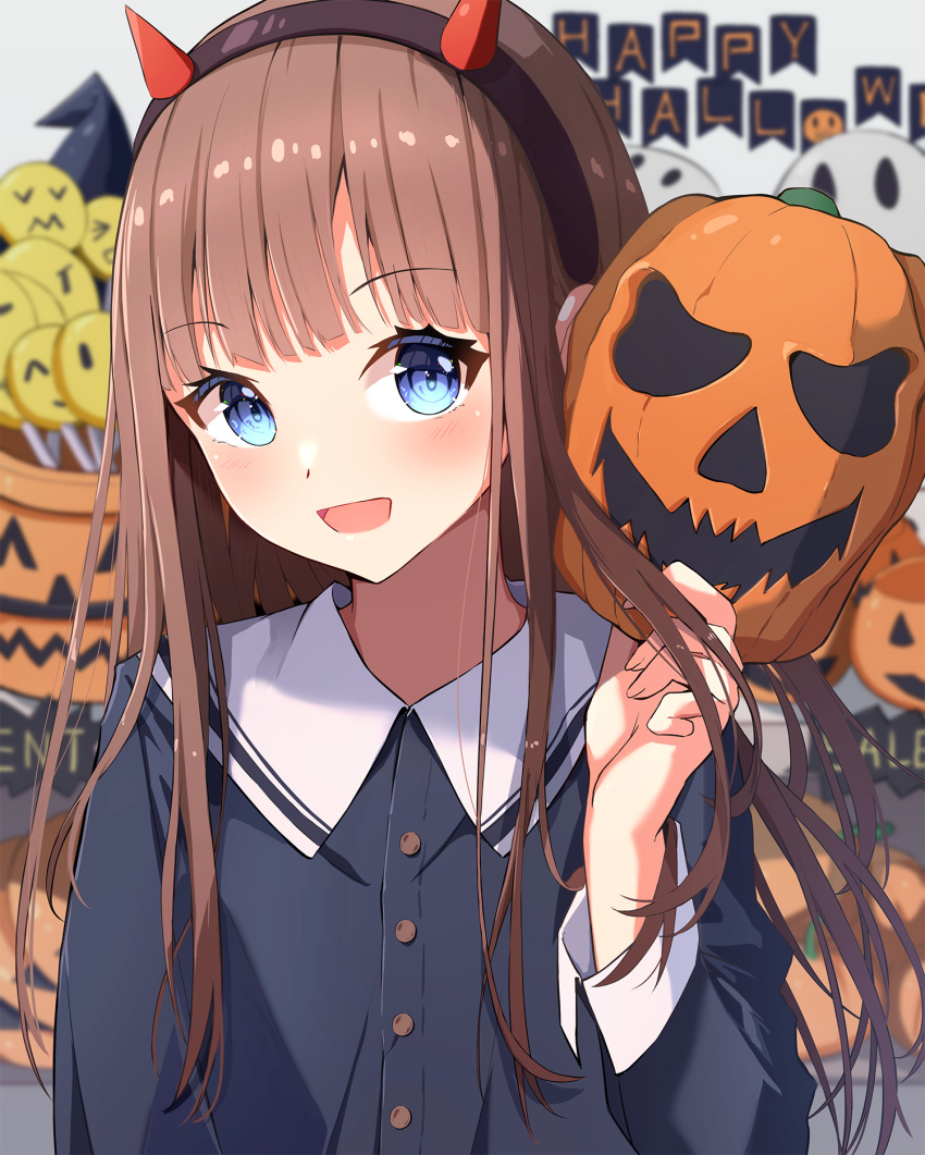 1girl :d black_hairband black_shirt blue_eyes brown_hair candy collared_shirt commentary demon_horns dress_shirt fake_horns food hairband halloween halloween_bucket hand_up happy_halloween highres holding holding_mask horns jack-o'-lantern lollipop long_hair long_sleeves looking_at_viewer mask mask_removed original seero shirt smile smiley_face solo upper_body very_long_hair