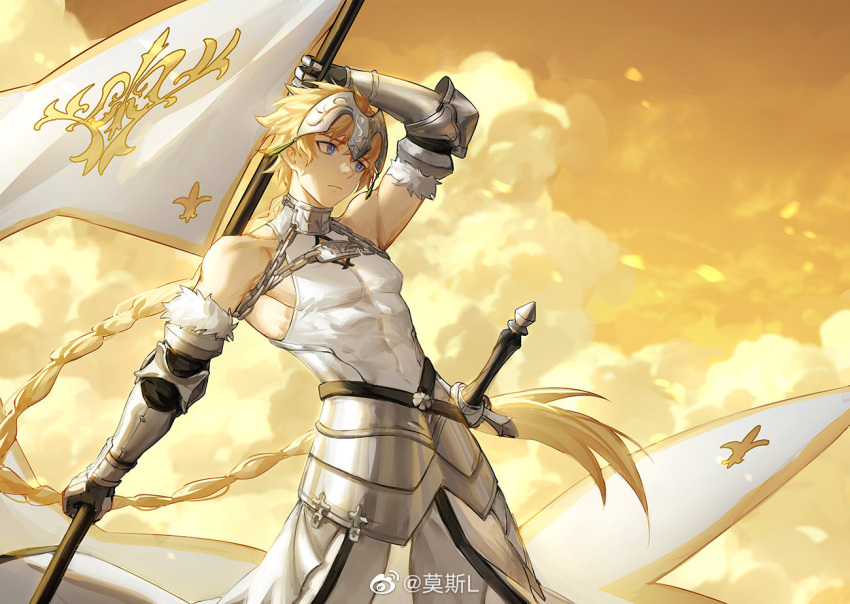 1boy armor bangs blonde_hair blue_eyes braid braided_ponytail chain closed_mouth clouds collar fate/apocrypha fate/grand_order fate_(series) flag gauntlets genderswap genderswap_(ftm) headpiece holding holding_flag jeanne_d'arc_(fate) long_hair male_focus metal_collar mosi_l outdoors sky solo sunrise sword tied_hair very_long_hair weapon