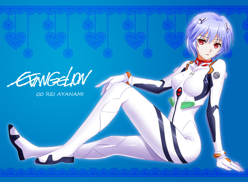 1girl arm_support ayanami_rei bangs blue_background blue_hair bodysuit border breasts character_name commentary copyright_name from_side full_body hand_on_own_leg heart highres interface_headset looking_at_viewer medium_breasts neon_genesis_evangelion omochi_pie parted_lips pilot_suit plugsuit red_eyes short_hair sitting solo white_bodysuit