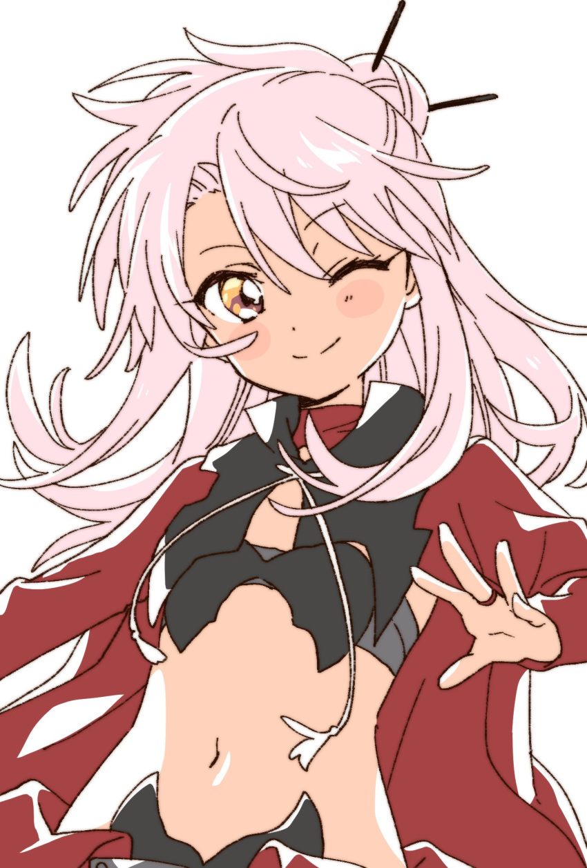 1girl blush chloe_von_einzbern dark-skinned_female dark_skin eyebrows_visible_through_hair fate/kaleid_liner_prisma_illya fate_(series) hair_bun highres long_hair looking_at_viewer namori one_eye_closed pink_hair simple_background smile solo upper_body white_background yellow_eyes