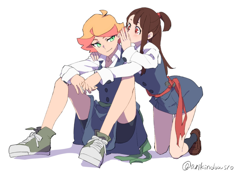 2girls amanda_o'neill arikindows10 arms_on_knees belt bike_shorts blue_sash brown_hair buttons closed_mouth collared_shirt covering_mouth dress full_body green_eyes hand_up kagari_atsuko kneehighs kneeling knees_up light_blush little_witch_academia loafers long_sleeves luna_nova_school_uniform medium_hair multicolored_hair multiple_girls orange_hair ponytail red_eyes redhead sash school_uniform shadow shirt shoes short_dress short_hair short_ponytail shorts shorts_under_skirt simple_background sitting smirk sneakers socks two-tone_hair wand whispering white_background white_shirt