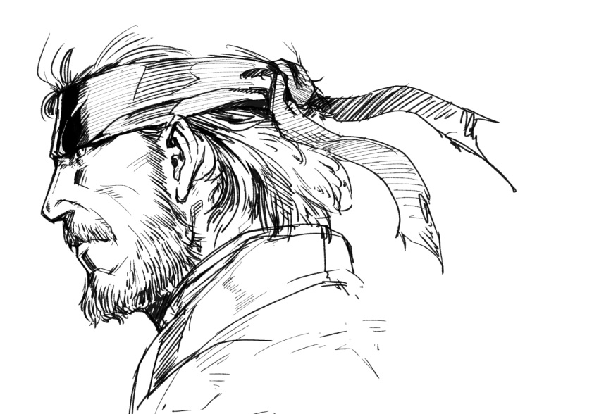 1boy beard eyepatch facial_hair from_side greyscale headband hikichi_sakuya male_focus mature_male metal_gear_(series) metal_gear_solid monochrome mustache old old_man short_hair sketch solid_snake solo unfinished wrinkled_skin