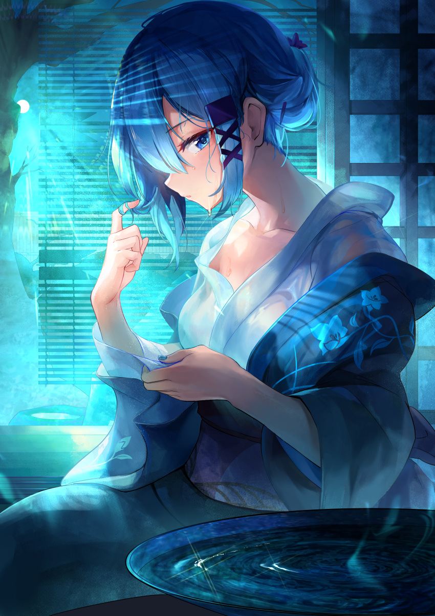 1girl absurdres alcohol bangs blue_eyes blue_hair blue_nails collarbone commentary_request cup eyebrows_visible_through_hair from_side full_moon glint hair_between_eyes hair_bun hair_ornament hair_twirling hairclip hand_up highres huge_filesize indoors japanese_clothes kimono long_sleeves looking_at_viewer maeshimashi moon nail_polish night obi off_shoulder open_clothes original parted_lips profile ripples sakazuki sake sash short_hair solo wet wet_hair white_kimono wide_sleeves x_hair_ornament yukata