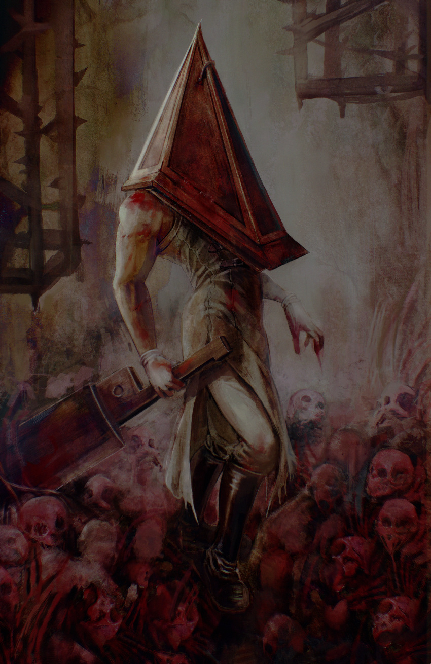 1boy bangs bare_arms bare_shoulders boots brown_background cage commentary_request dead_by_daylight gloves helmet highres holding holding_sword holding_weapon knee_boots male_focus pants pyramid_head red_theme silent_hill skull solo standing straw_like sword weapon