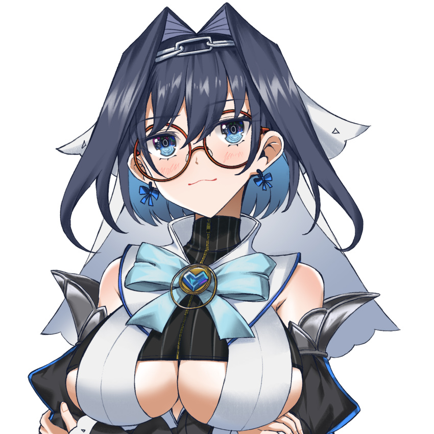 1girl =3 blue_eyes blue_hair bow bow_earrings breasts cleavage_cutout clothing_cutout crossed_arms detached_sleeves earrings english_text glasses hair_intakes hair_ribbon heart-shaped_gem highres hololive hololive_english jewelry large_breasts multicolored multicolored_eyes ouro_kronii persocon93 ribbon ribbon_earrings simple_background solo under_boob underboob_cutout upper_body virtual_youtuber white_background zipper zipper_pull_tab