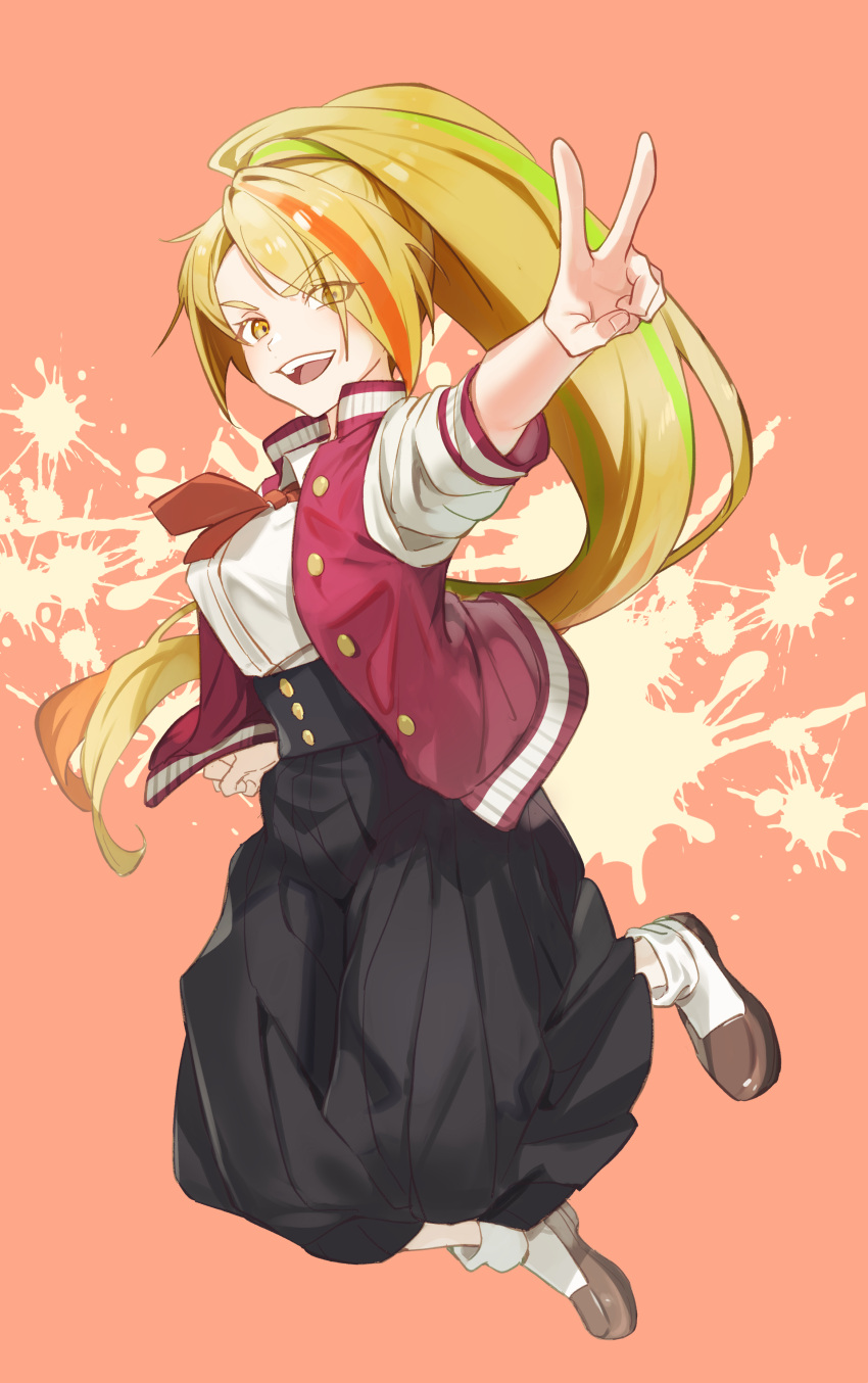 1girl absurdres akaike black_skirt blonde_hair breasts brown_footwear green_hair hair_over_one_eye highres jacket jumping letterman_jacket loafers long_skirt medium_breasts multicolored_hair necktie nikaidou_saki orange_background orange_hair ponytail shoes skirt smile socks solo v yellow_eyes zombie_land_saga